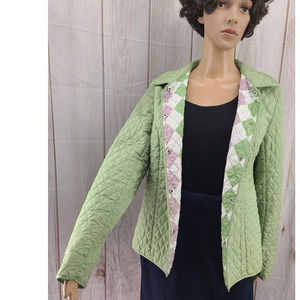 Briggs New York Women Sage Green Quilted Lightweight Jacket Argyle Print Sz 12
